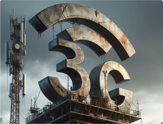 Rusty, deteriorating 3G symbol atop a telecommunications tower, representing the shutdown of 3G networks.