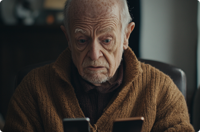  Elderly man in a brown sweater looking confused while looking at two phones