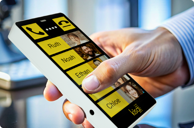 Hand holding a KISA Phone displaying contacts such as Ruth, Noah, Ethan, and Chloe, with a user-friendly yellow interface