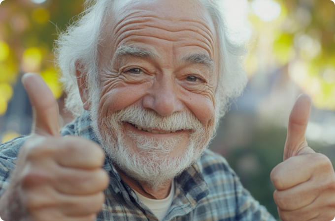 Elderly man smiling broadly and giving a thumbs-up 