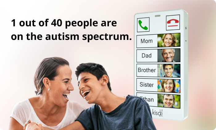 1 out of 40 people are on the autism spectrum, featuring a mother and son sharing a moment, alongside a simplified communication device with photos and names of family members.